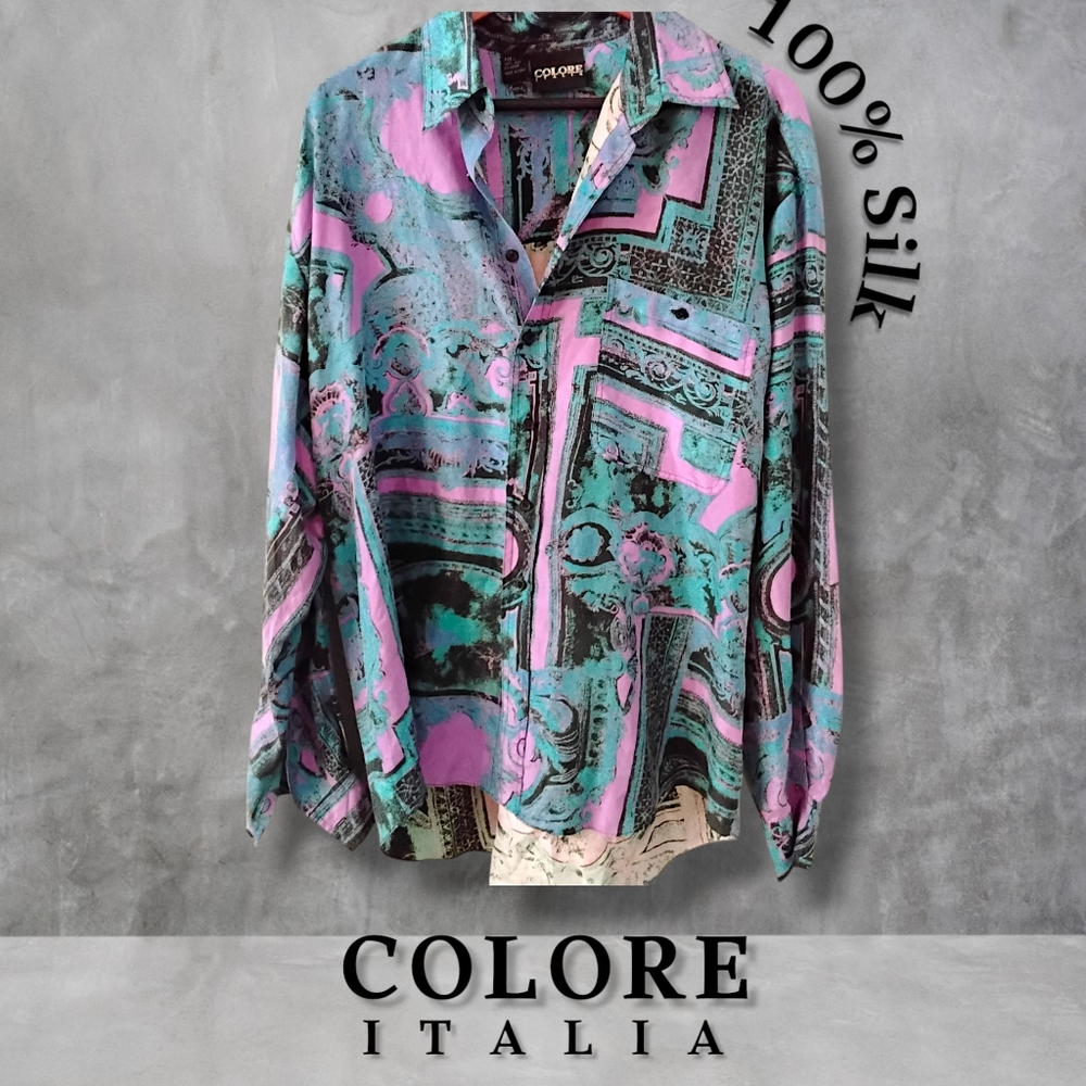 Vintage COLORE ITALIA Shirt 100% Silk Long Sleeve Mens Large